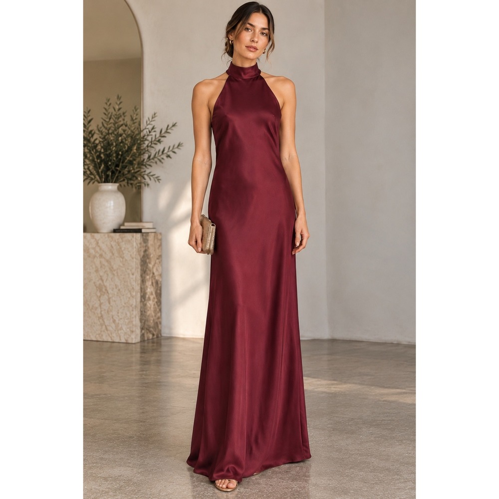 WAYF Violetta Merlot Satin Halter Neck Tie Back Maxi Dress Gown Large NWT